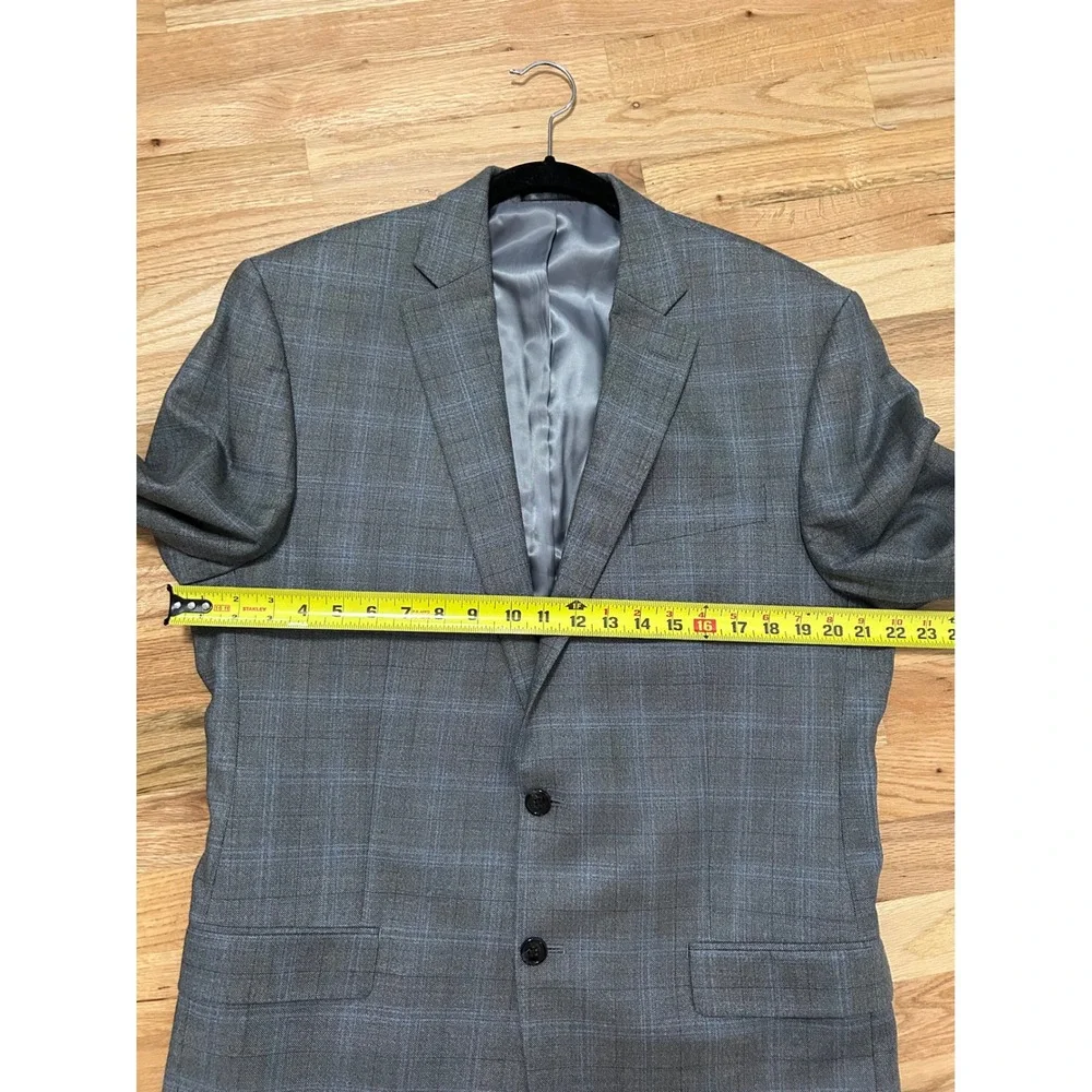 LAUREN Ralph Lauren Mens 42L‎ Gray Blue Plaid Windowpane Wool Silk Blazer Jacket